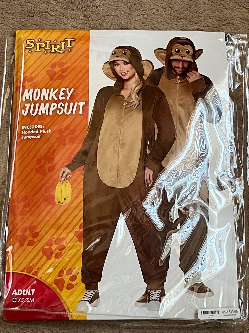 Spirit Halloween Adult Monkey Jumpsuit Hooded Plush Costume Size XS/SM